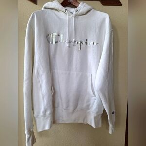 Champion Reverse Weave Wht Hoodie W/Silver Logo Pocket Long Sleeve Unisex Size L